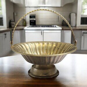 Vintage Hand Crafted India Solid Brass Basket with Stand & Handle Candy Holder